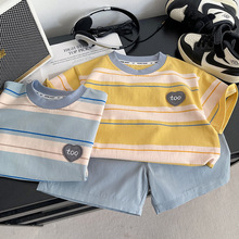 男童夏装短袖套装2025新款儿童条纹短袖休闲洋气女宝宝小清新夏季