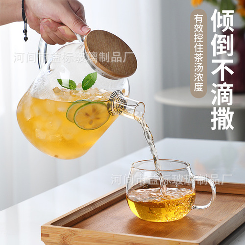 Wholesale thickened large capacity heat-resistant glass bamboo lid kettle kettle cold kettle transparent fashionable scented tea juice tea kettle