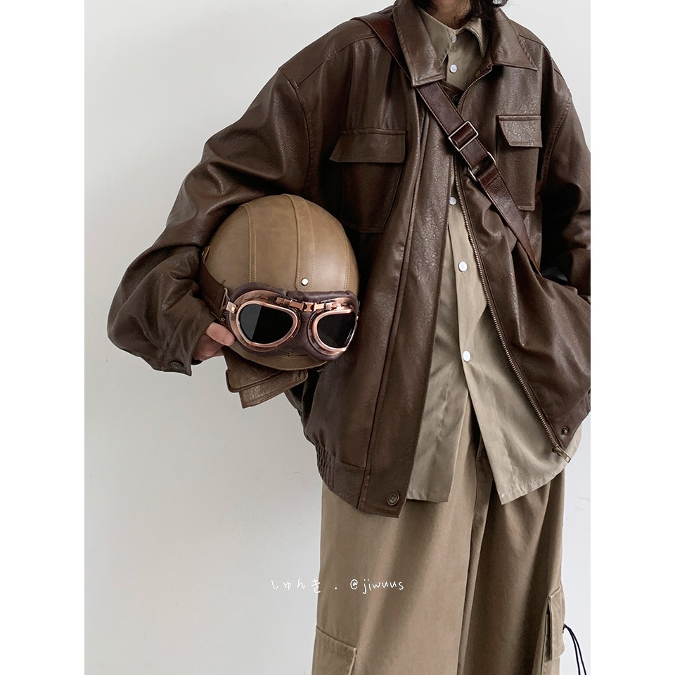 Primavera 2024 japonés retro pu motocicleta chaqueta de cuero para niños y niñas clásico suelto neutral marrón chaqueta de cuero chaqueta