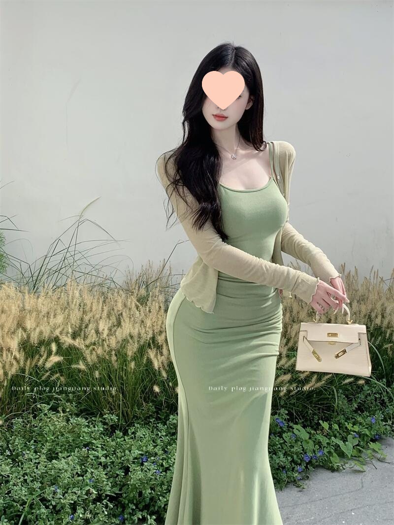 Strappy Dress with Figure-Flattering Waist-Cinching Pleated Bodycon Mermaid Long Skirt Spring Set Women's Cardigan Sun-Protective Top