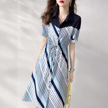 外贸2022夏季新款法式波浪印花衬衫裙设计气质收腰显瘦短袖连衣裙