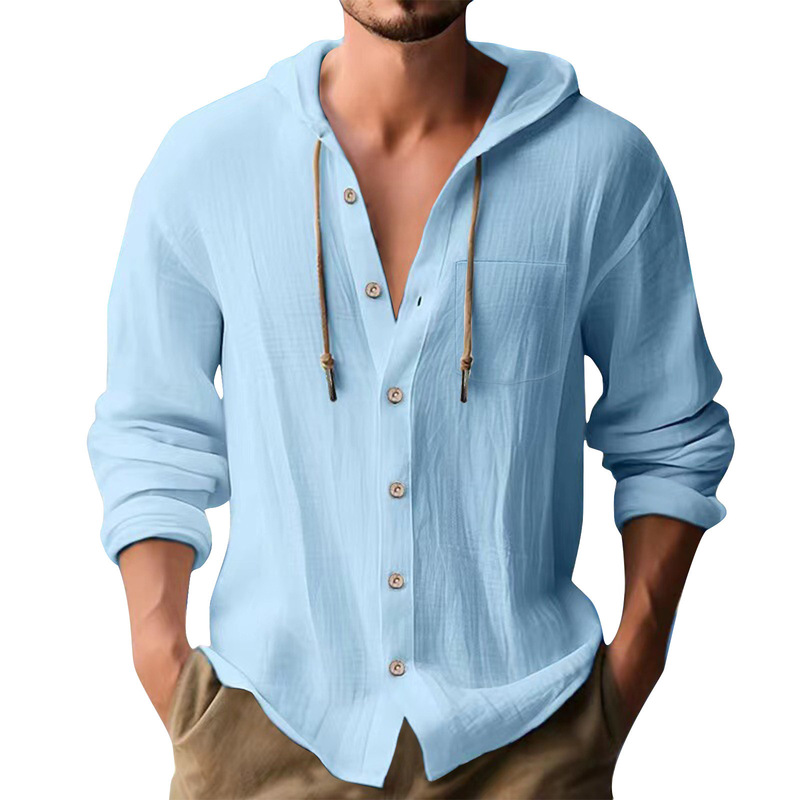 Hooded Short-Sleeve Men's Shirt, Solid Color, Large Size, Breathable Linen, Loose Fit, Amazon