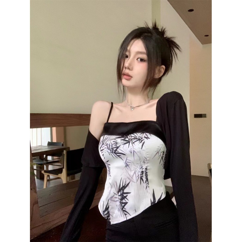 New Chinese Black and White Ink Painting Vintage Sling Chic Design Irregular Inner Wearing Top Summer 2280