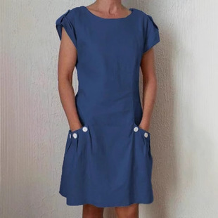 2019ebay AliExpress. Sell foreign trade women's clothing. Solid Color Eagles Double Pocket Contrast Buckle dress