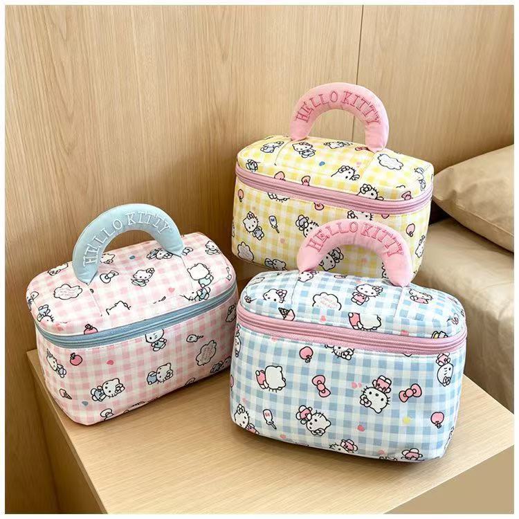 Cute Kt Cat Plaid Makeup Bag for Women, Portable Large-Capacity Hand-Held Storage Bag, Cute Girly Travel Toiletry Bag