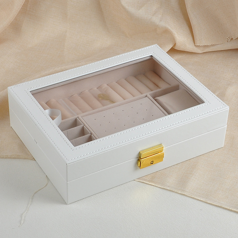 Cross-border Entry Luxury Jewelry Box Single-layer Leather Jewelry Hardware Lock Window Ring Earrings Watch Jewelry Storage Box