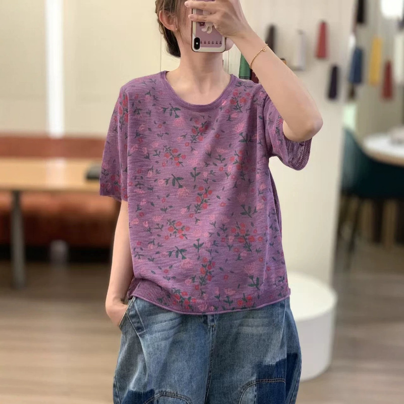 2026 Spring/Summer New Cotton and Linen Casual Loose Colorful Printed Lightweight Pullover Short Sleeve Knitted Sweater for Women Bamboo Linen