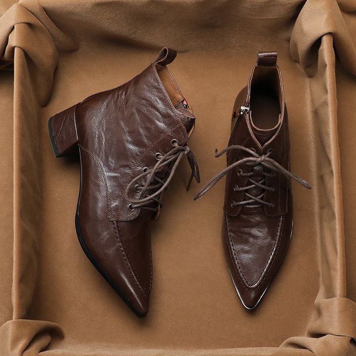 Korean Style Retro Versatile Pointed Toe Lace-Up Boots for Women 2025 Autumn and Winter New Style Medium Heel Side Zipper Thick Heel Short Boots for Women