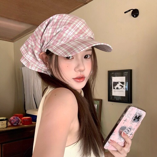 Korean niche pink plaid triangle scarf headband women summer headscarf baseball cap sweet sun protection hat