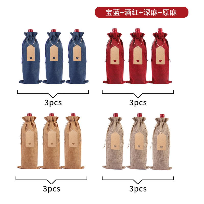 Suministro directo de fábrica bolsa de botella de vino de lino traje ciego degustación de vino botella cubierta de lino etiqueta bolsa de embalaje de vino tinto en stock al por mayor