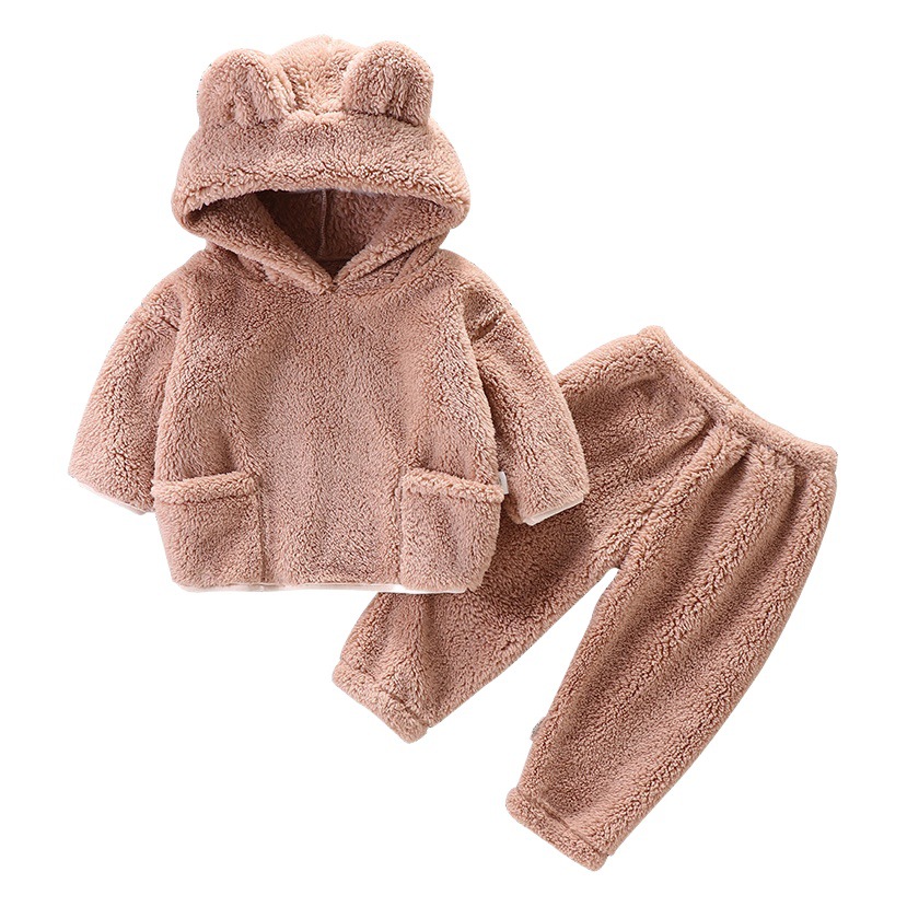 Conjunto de franela de otoño e invierno para niños, pijamas para bebés, ropa para el hogar, ropa exterior cálida con capucha, conjunto de dos piezas, nuevo estilo 2025