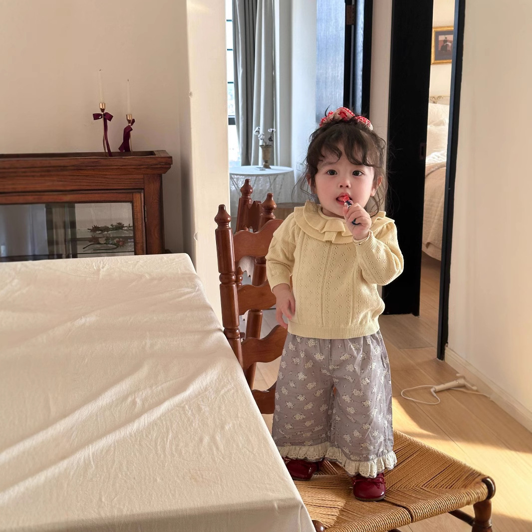 Cutemily春夏跨境ins女婴童荷叶领套头针织衫女宝镂空双层领针织