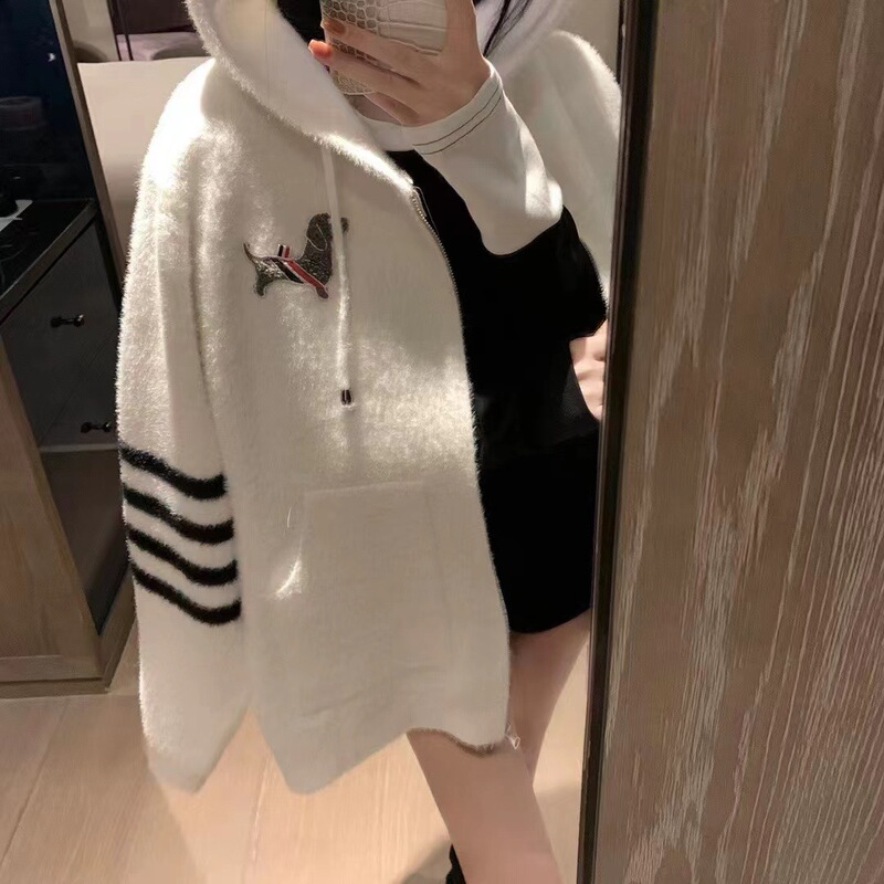 Puppy Four-Bar Striped Faux Mink Zipper Hooded Knit Cardigan for Women, College Style Loose Casual Sweater Coat Trendy