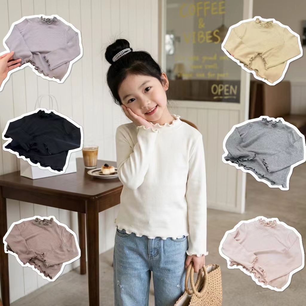New Spring and Autumn Korean-style girls' base shirt, children's long-sleeve t-shirt with lace, versatile stylish top for baby girls