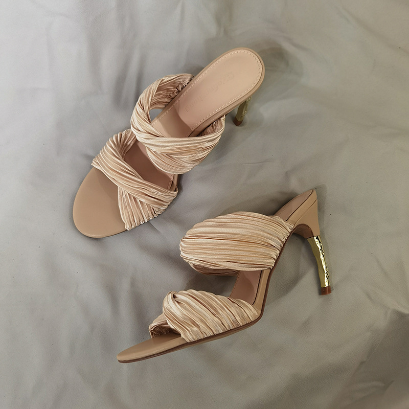 2025 New Summer Style French Style High Heels, Natural Wrinkled One-Strap Sandals, Stiletto Straps, Silks and Satins Sandals