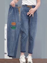 弹力牛仔裤女新款春秋季民族风刺绣高腰宽松显瘦休闲哈伦裤