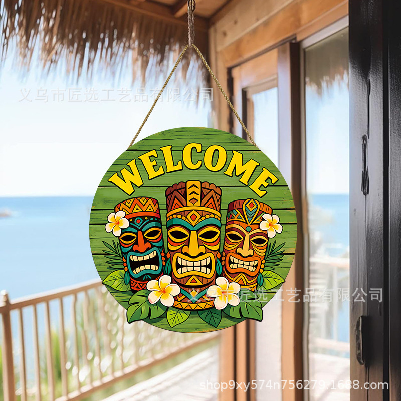 Cross-border Hawaiian-style front door party decoration sign, summer totem rustic farmhouse round wooden sign