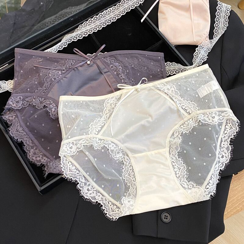 French-style satin, sexy lace panties for women, new autumn collection, mid-waist, sheer mesh, stylish triangle briefs French-style satin, sexy lace panties for women, new autumn collection, mid-waist, sheer mesh, stylish triangle briefs