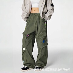 美式军绿色刺绣工装裤男女同款褶皱多口袋宽松休闲直筒情侣伞兵裤