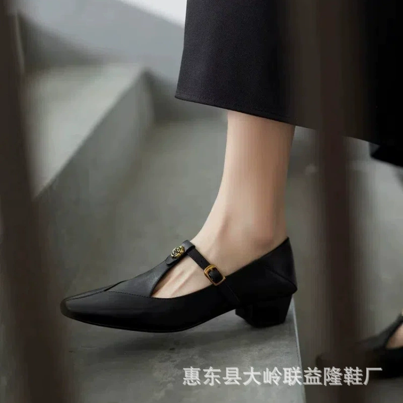 Французские туфли Мэри Джейн Женская 2025 Новый стиль ретро моется воловьей кожей с заостренной головой на толстом каблуке