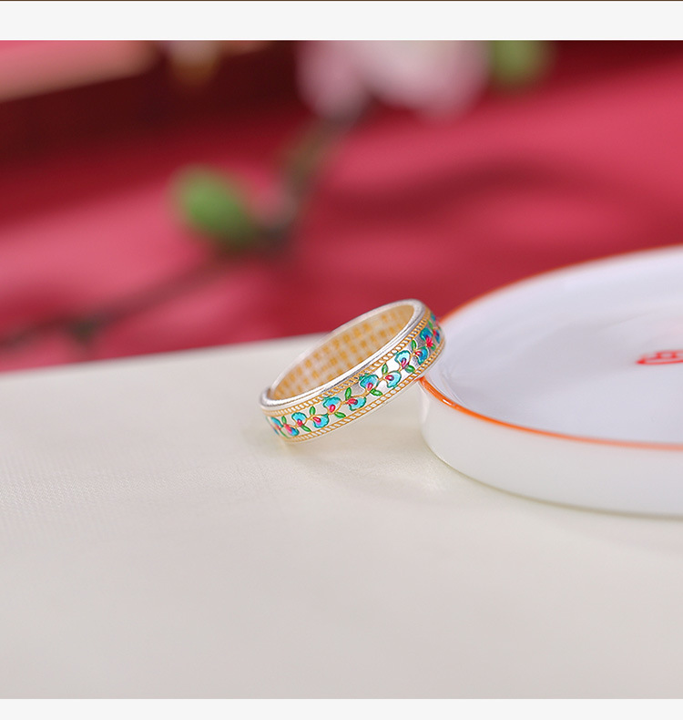 Nhẫn bạc S999.9 mạ vàng cổ men lá bạch quả hoa sen phong cách cổ điển có thể điều chỉnh kích cỡ — Mở có thể điều chỉnh chi tiết 3