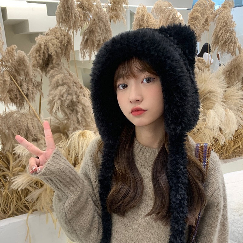 可爱小熊毛绒帽子女秋冬季保暖显脸小针织毛线帽大头围护耳包头帽|undefined
