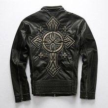 春秋机车立领做旧牛皮夹克男 厂家供货钢印十字架真皮皮衣