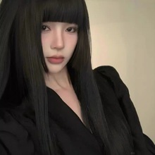 假发女全头长直发齐刘海梨花头70CM仿真高温丝化纤发工厂批发假发