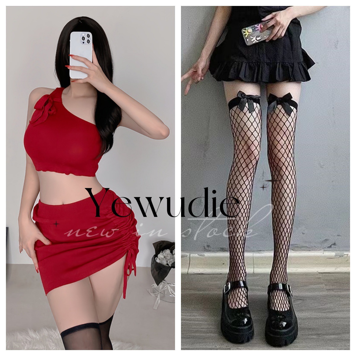 Lencería sexy club nocturno reina Yujie viento hombro inclinado top bolso con cordón falda a la cadera traje de suéter de chica caliente