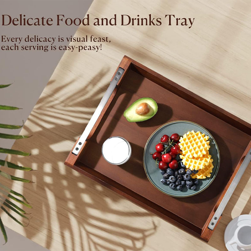 Acacia madera bandeja de metal mango bandeja de alimentos y bebidas mesa de café desayuno, cena bar bandeja de almacenamiento