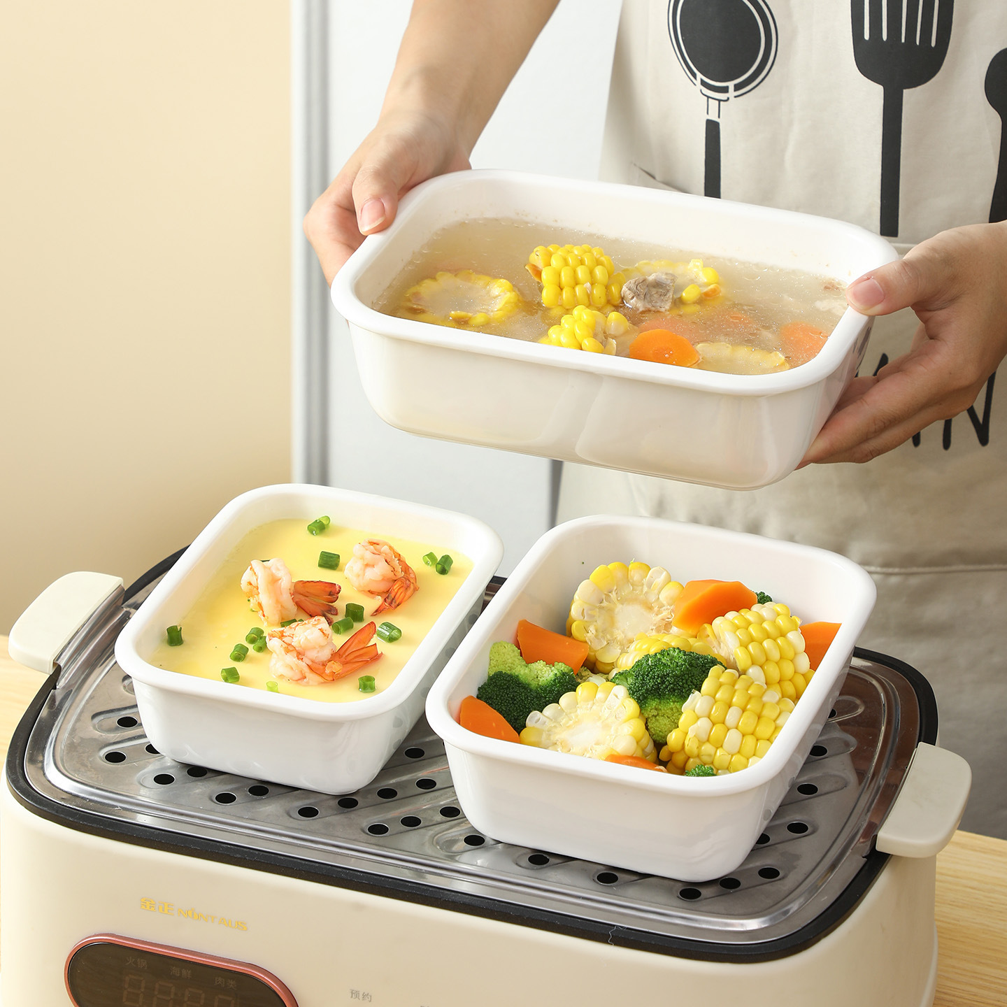 Ceramic Steaming Bowl Baby Food Supplement Microwave Oven Steamer Suitable Plate Pure White Rectangular Baked Rice Bowl Steamed Vegetable Plate
