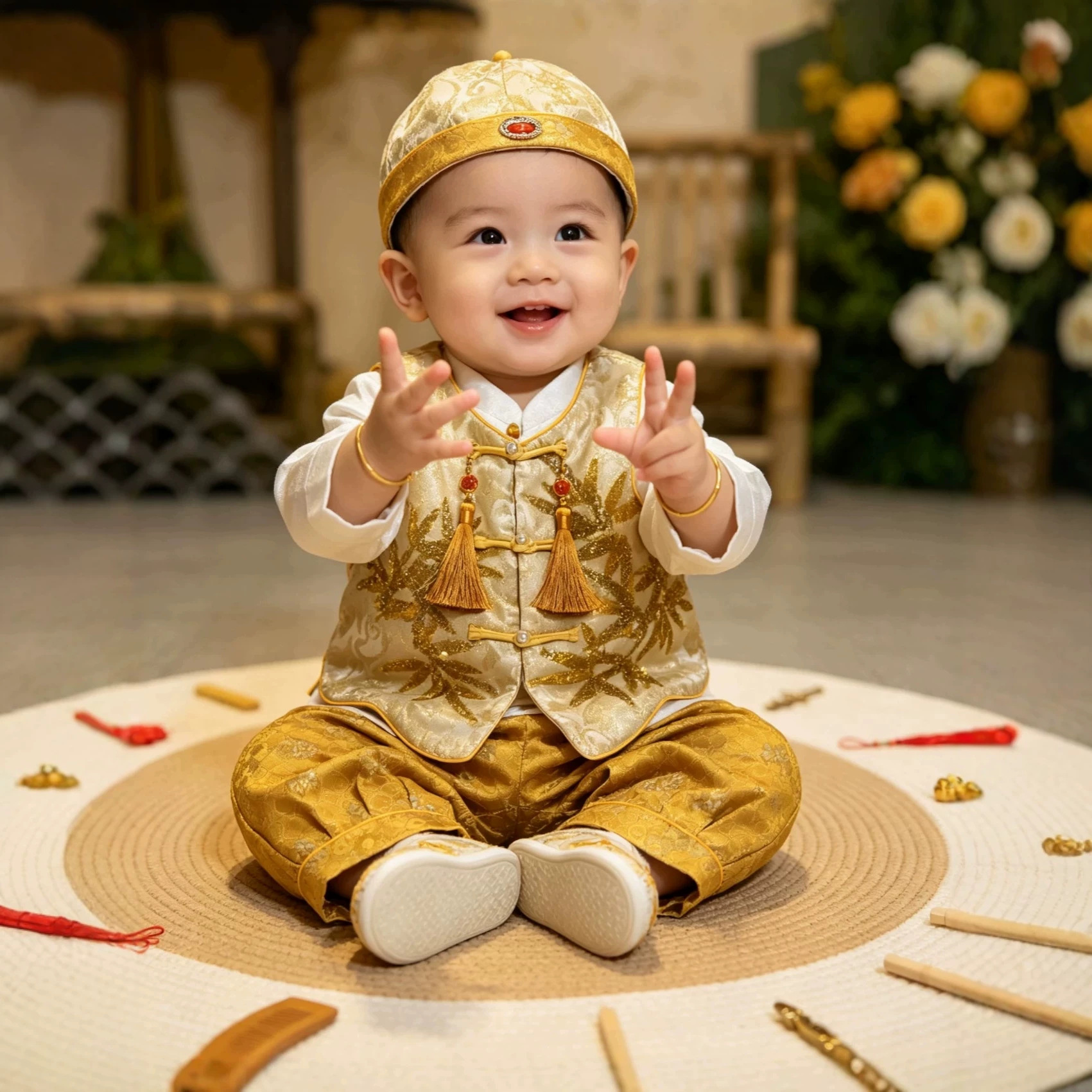 Baby's first birthday outfit, new Chinese-style Tang suit set for boys, infant's 100-day celebration, birthday party, golden vest, traditional costume