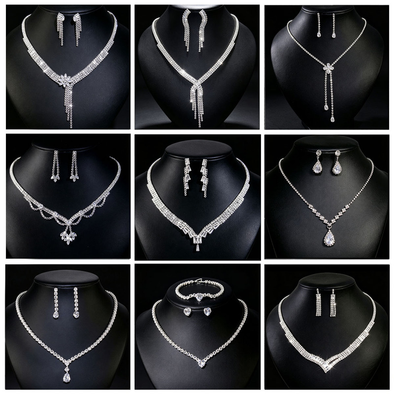 Full-diamond bridal necklace and earring set, wedding dress, wedding dinner rhinestone necklace set, photo studio makeup, stage performance accessories