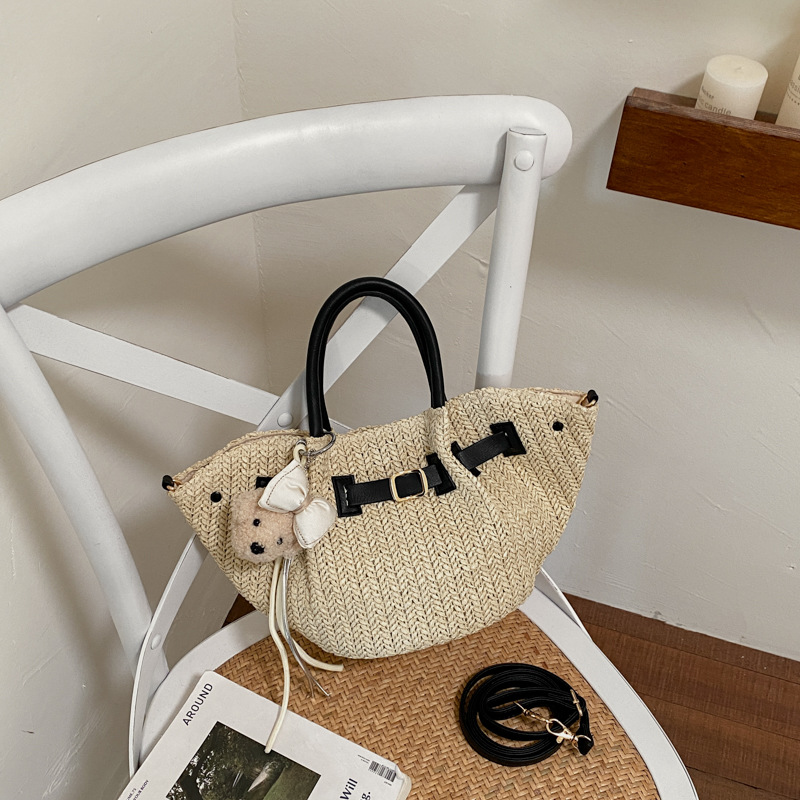 Bolsa de cubo de trenzado de moda casual de gran capacidad de color extranjero de transporte diario bolsa de trenzado de paja de moda