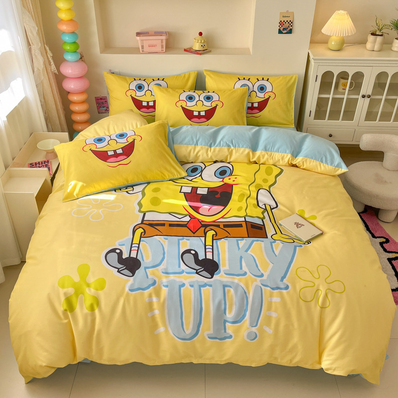 Spongebob Cotton Bed Four-piece Set Cotton Boys Cartoon Bed Sheet Quilt Cover Children's Dormitory Three-piece Set Summer