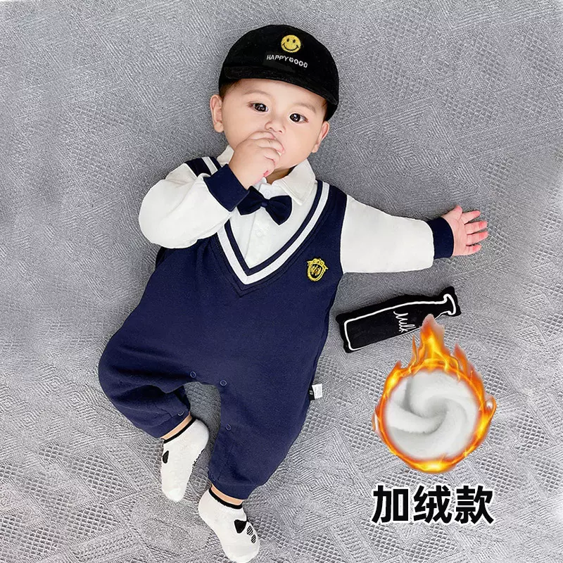 帅气婴儿加绒连体衣秋冬男宝宝爬服长袖新生儿哈衣爬服学院风加厚