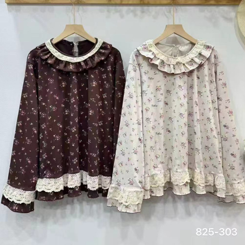 Doll Collar Long-Sleeved Shirt for Women, Retro Girly Literary Ruffled Japanese Style Lace Floral Top