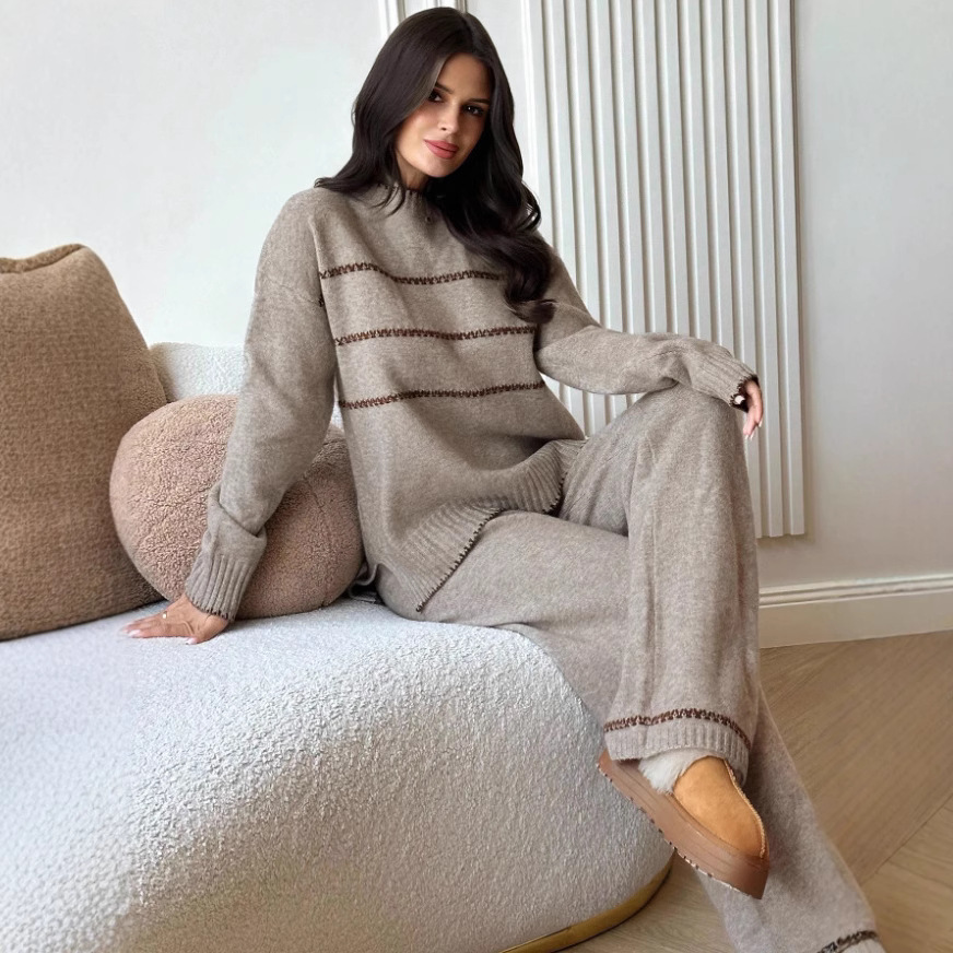 Women's Clothing Casual Loose Color Blocked Knit Sweater Long Sleeved Round Neck Top And Pants Set Autumn And Winter Color Blocked Trim Set_voghion.com
