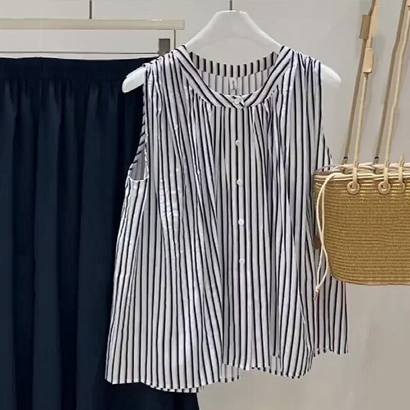 Scissors Stone Summer New Style Artistic Round Neck Retro Striped Single-Breasted Sleeveless Vest Shirt Elegant Loose Blouse