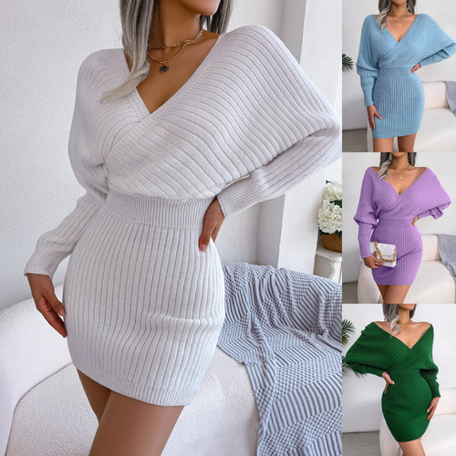 Autumn/Winter Sexy Cross V-Bust Batwing Skirt Bodycon Dress, Independent Women's Clothing