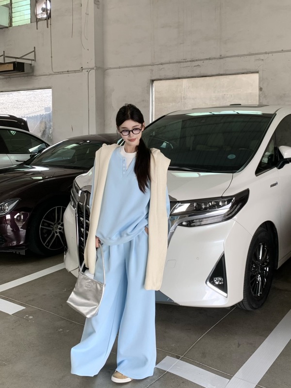休闲运动蓝色卫衣套装女装韩系百搭高级感假两件上衣+直筒休闲裤|undefined