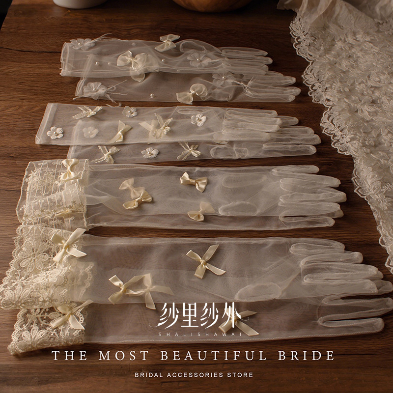 Wedding Gloves, Bridal Dress, Retro Lace Sleeves, French White Gauze Sleeves, Long Sleeves to Cover Arm Bows