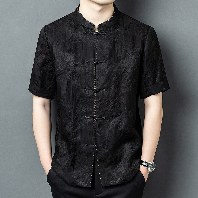 Áo sơ mi ngắn tay nam mulberry silk mỏng nhẹ mùa hè dáng rộng — Đen 26A230