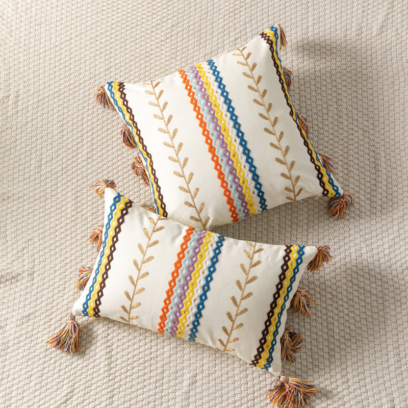 Moroccan style color velvet embroidery pillow case tufted tassel cushion case model room waist pillowcase spot supply_voghion.com