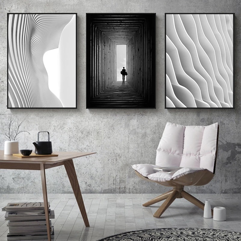 北欧黑白空间艺术画海报绘画帆布画客厅抽象建筑图片现代装饰画芯