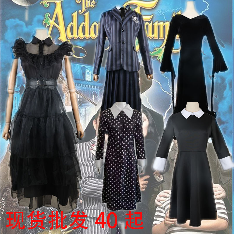 In-Stock Addams Family Cosplay Costume Wednesday Black Dress Cosplay Halloween School Uniform Dress Outfit