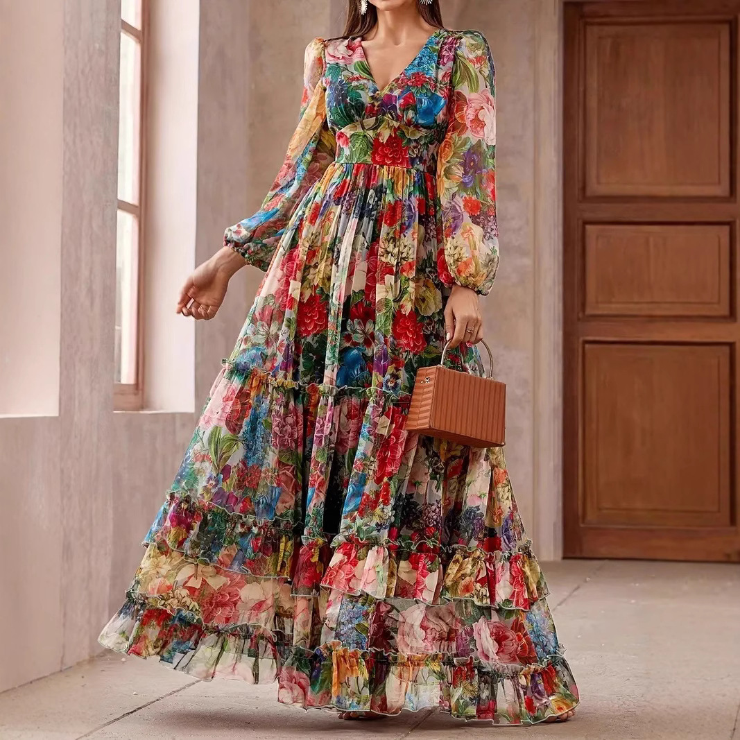 Cross-Border European and American New Early Spring Bohemian Style Retro Stand-Collar Single-Breasted Printed Wide-Sleeve Long Dress