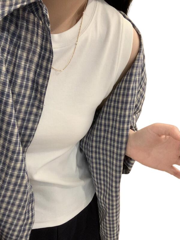 韩版蓝色格子长袖衬衫女春季2025新款慵懒风衬衣外套宽松显瘦上衣|undefined