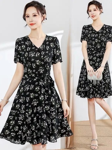 Gentle Breeze French Vintage Floral Puff Sleeve Collar Dress 2025 Summer Slimming Waist Dress for Girls