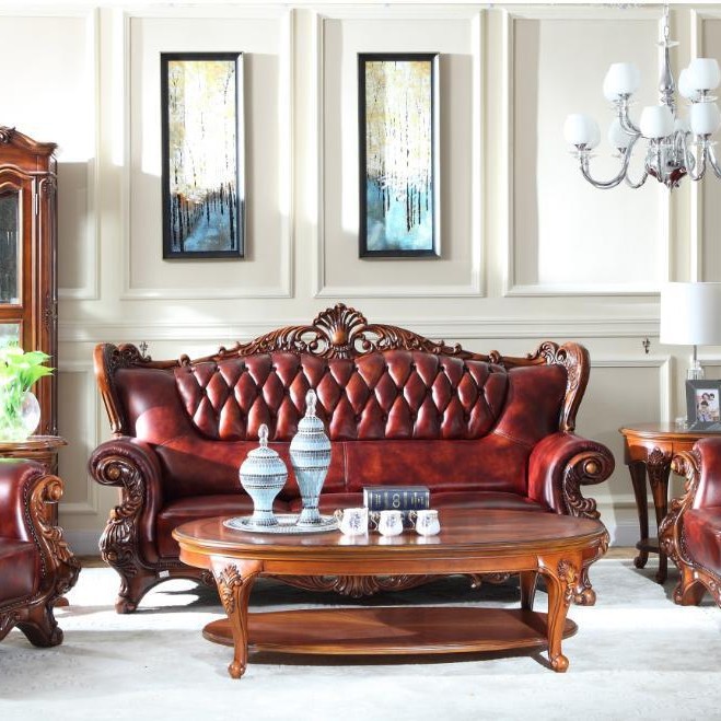Modern American Sofa Combination Double-Sided Carved Italian Imported First-Layer Cowhide Sofa Villa Living Room Furniture